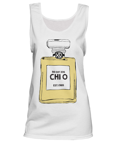 Chi Omega Perfume Bottle on Comfort Colors Tank Top