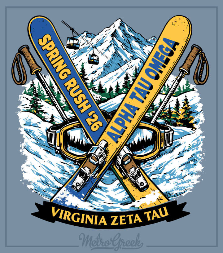 Custom ATO fraternity rush shirt with a ski theme for winter recruitment