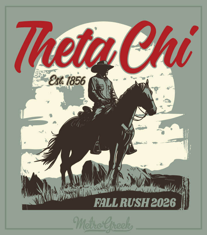 Custom fraternity shirt featuring a western sunset theme for themed rush events