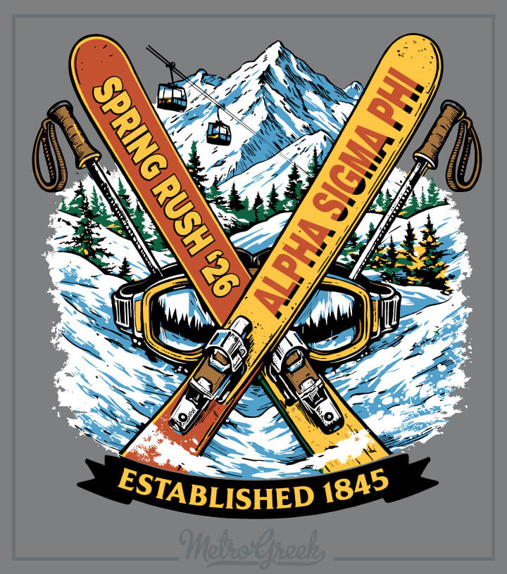 Alpha Sigma Phi rush shirt design featuring crossed skis and mountain graphics, customizable colors and chapter text