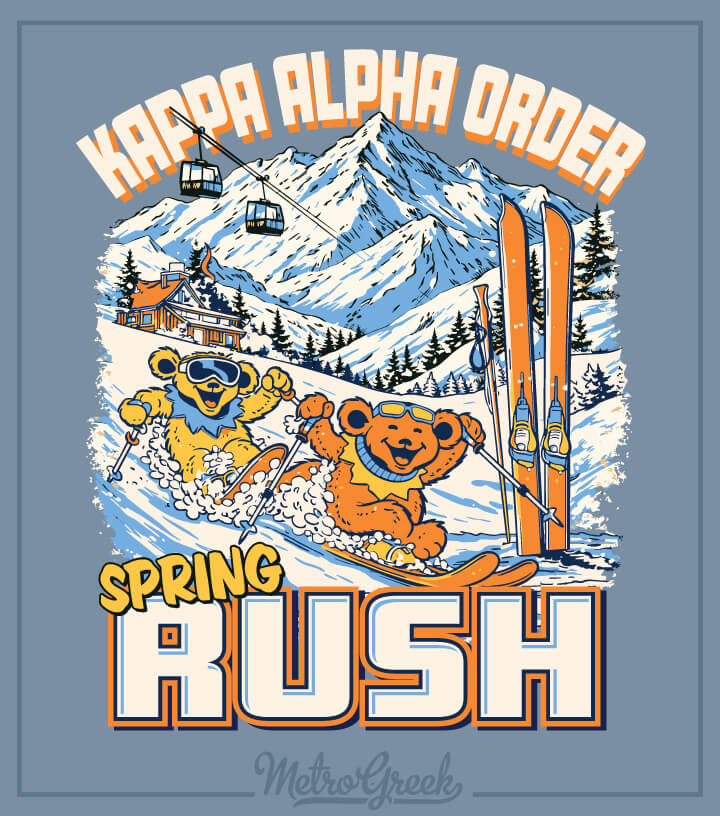 Kappa Alpha rush shirt design with Deadhead-style bears skiing, retro winter theme and customizable Greek letters