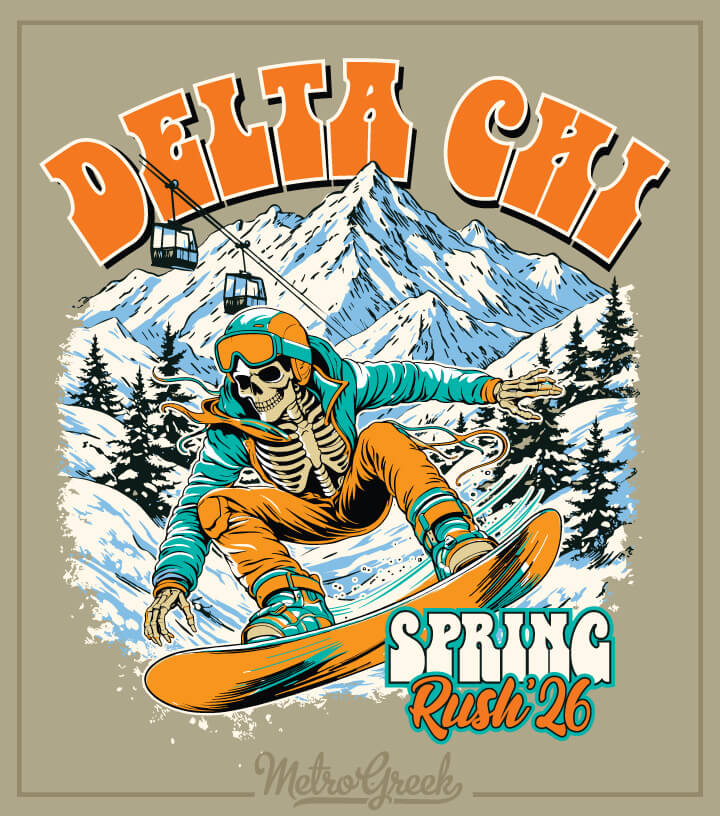 Delta Chi fraternity rush shirt design with skiing skeleton illustration, winter rush theme and custom chapter details