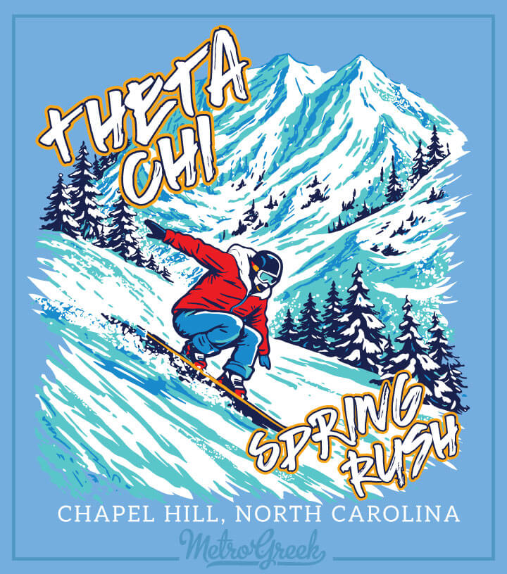Theta Chi fraternity rush shirt design with ski theme artwork, winter mountain