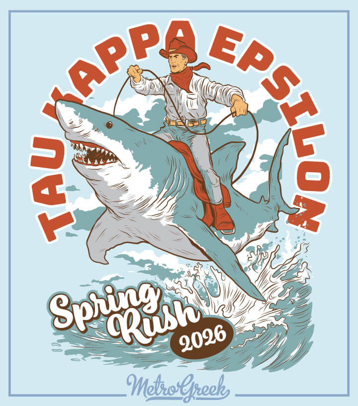 Custom fraternity rush shirt featuring a cowboy shark graphic for fun recruitment themes