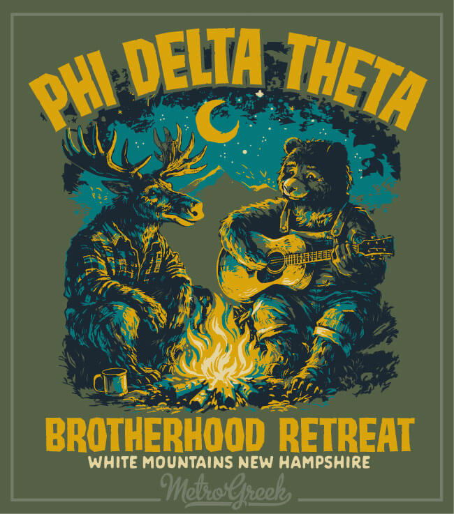 Mountain retreat fraternity t-shirt design with a bear playing guitar and a moose at a campfire in the woods