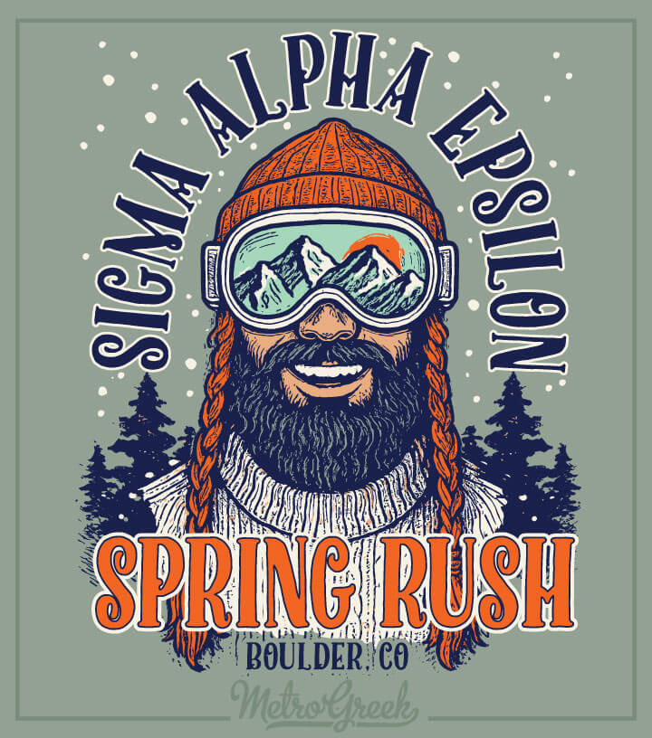 Custom fraternity rush shirt featuring a ski bro theme for winter recruitment events