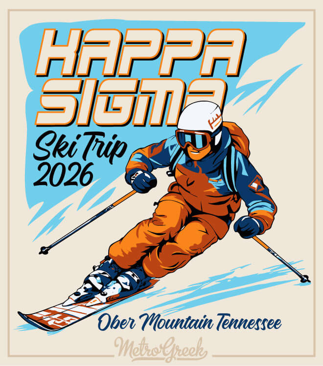 Kappa Sigma fraternity ski trip shirt with alpine ski trip graphics and winter scenery.