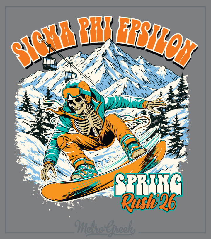 Custom fraternity shirt featuring a snowboard skeleton graphic, ideal for winter rush events