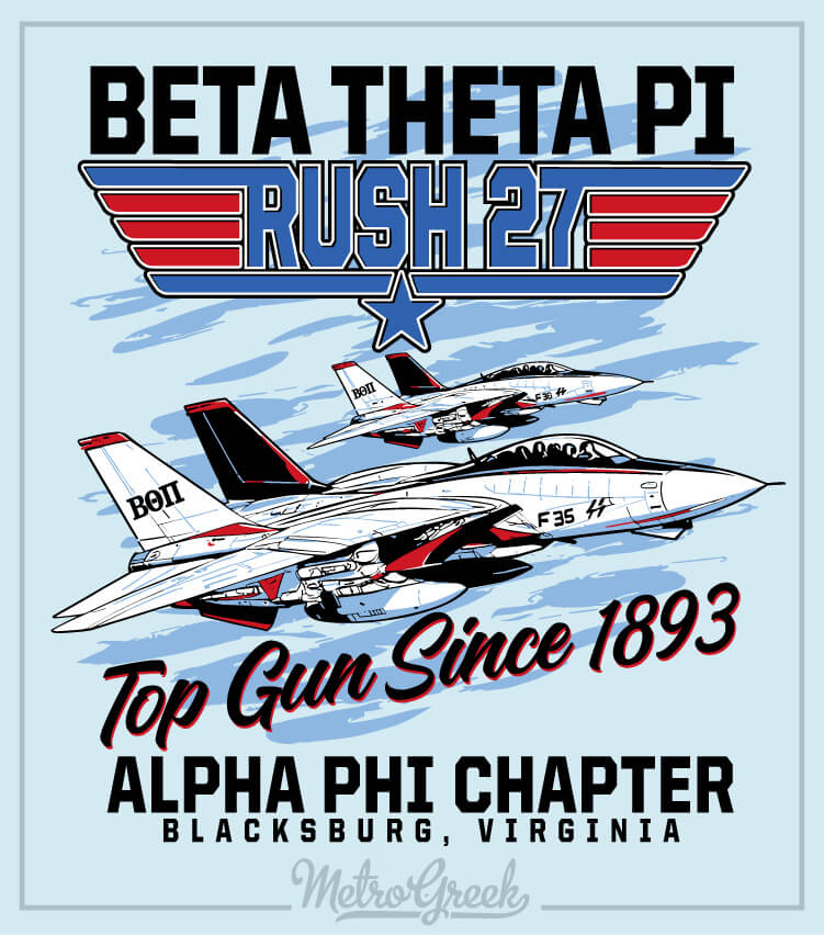 Beta Theta Pi fraternity rush shirt featuring a Top Gun inspired design with fighter jets and aviation graphics.