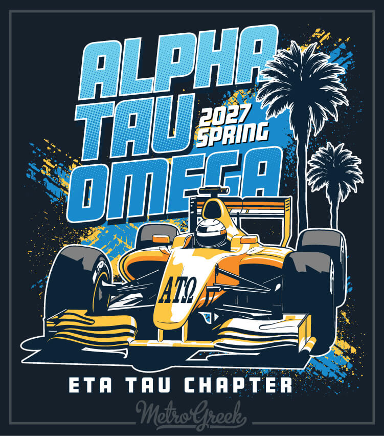 Alpha Tau Omega (ATO) fraternity rush shirt featuring a Formula One race car with palm trees in a racing-themed design.