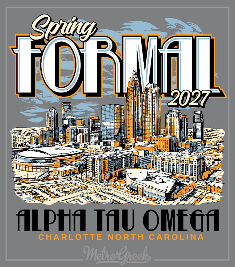 Fraternity shirt design for Alpha Tau Omega (ATO) formal featuring a detailed Charlotte skyline illustration with recognizable city buildings and event text, customized for a chapter formal or date night event.