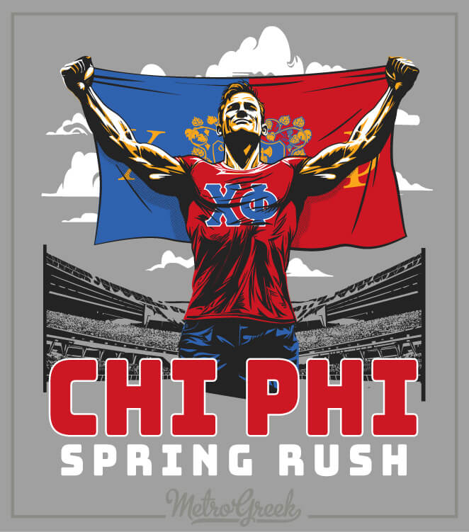 Chi Phi fraternity rush shirt featuring an Olympic athlete holding a fraternity flag with bold Greek lettering and athletic-themed design.
