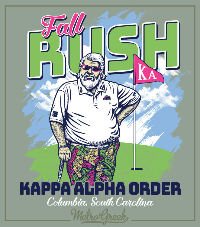 Kappa Alpha fraternity rush shirt featuring a John Daly inspired golfer design with bold Greek lettering and golf-themed artwork.