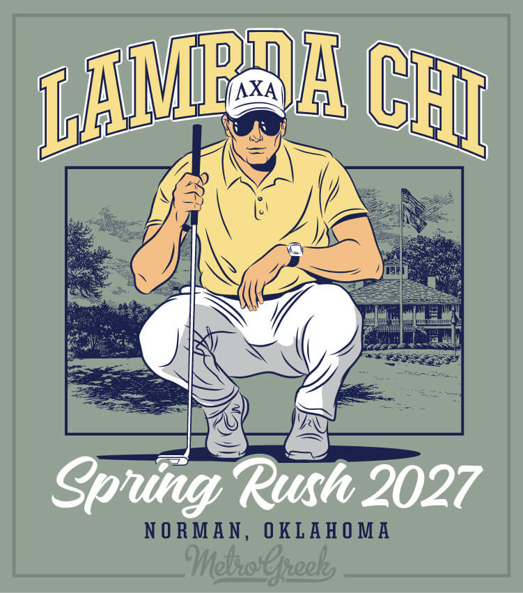 Lambda Chi Alpha fraternity rush shirt featuring a golf theme design with a golfer carefully lining up a putt and bold Greek lettering.
