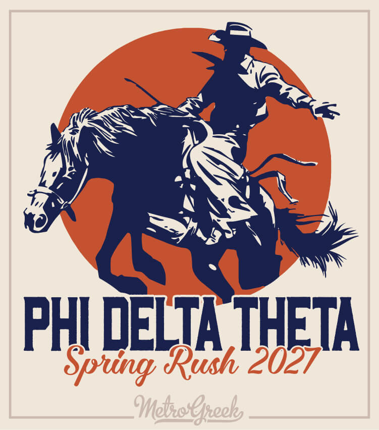 Phi Delta Theta fraternity rush shirt designed with a western rodeo theme, showcasing a cowboy riding a bucking bronco with bold Greek lettering.