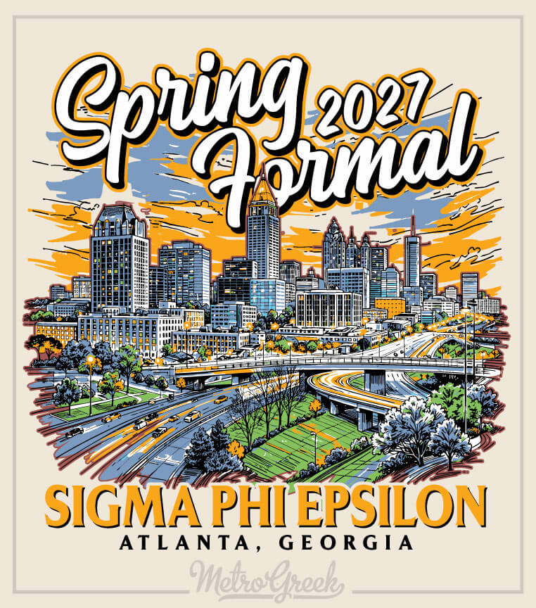 Fraternity shirt design for Sigma Phi Epsilon (SigEp) formal featuring a detailed Atlanta skyline illustration with city buildings silhouetted against the horizon, customized chapter text, and event wording for a formal or date night event, printed on a short-sleeve t-shirt.