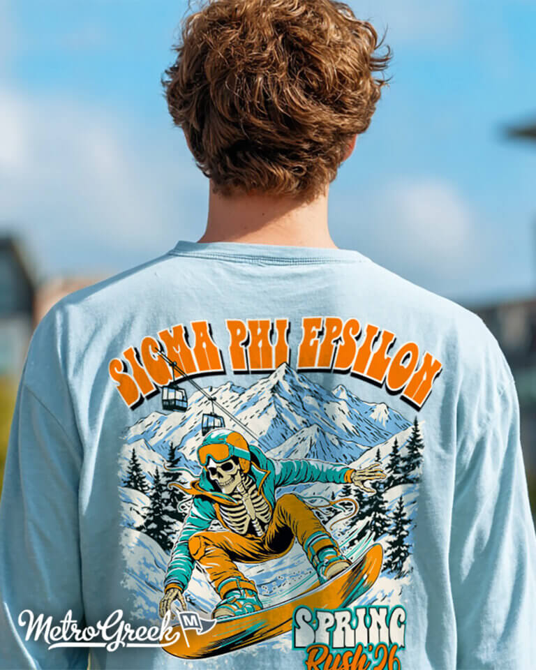 Fraternity Shirt for Rsh with Snowboarding Skeleton and Mountains in the background