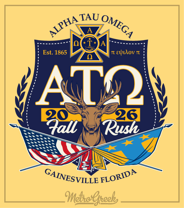 Alpha Tau Omega (ATO) fraternity rush shirt with bold Greek letters, crossed American and fraternity flags, and a detailed stag’s head crest design.