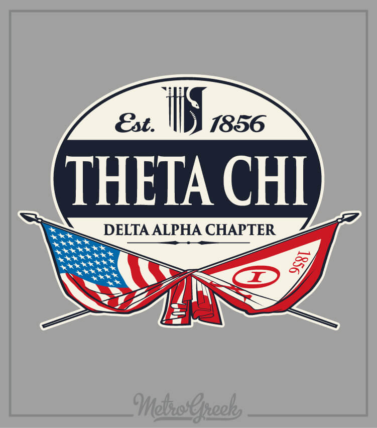 Theta Chi fraternity shirt design with crossed American flag and fraternity flag graphic.