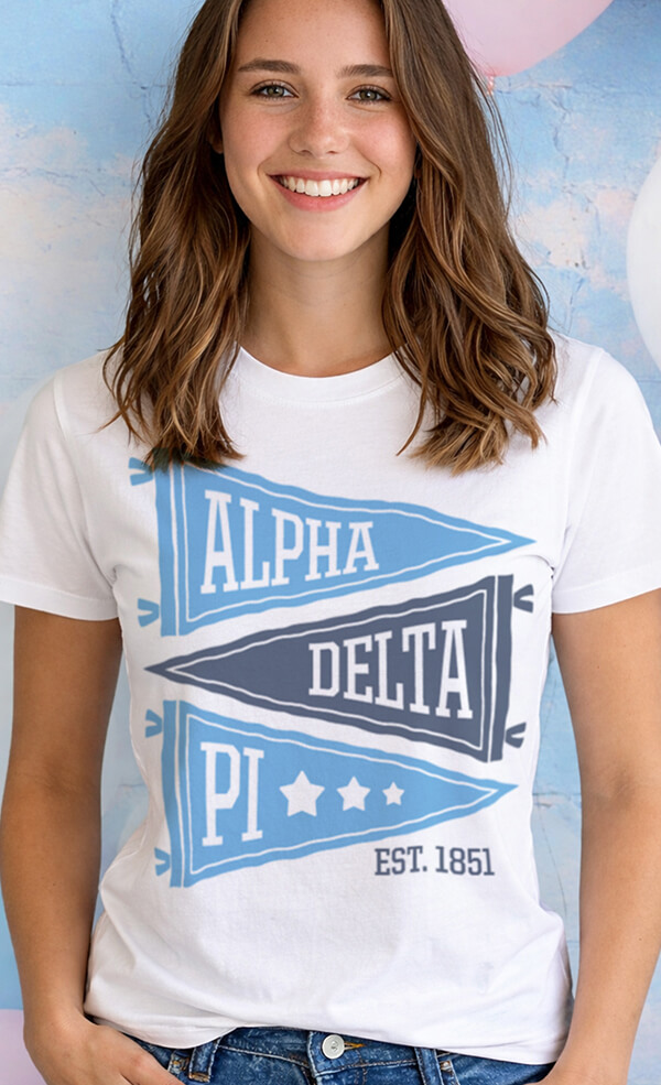 Alpha Delta Pi sorority Bid Day shirt featuring a classic collegiate pennant design with bold Greek letters