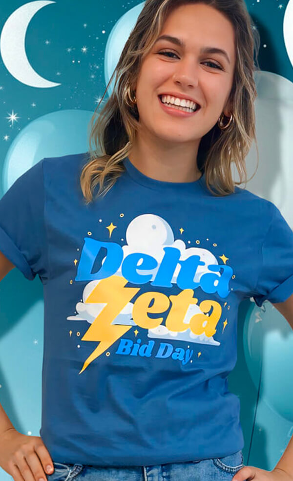 Delta Zeta Bid Day shirt design with dream theme featuring clouds and lightning bolt.