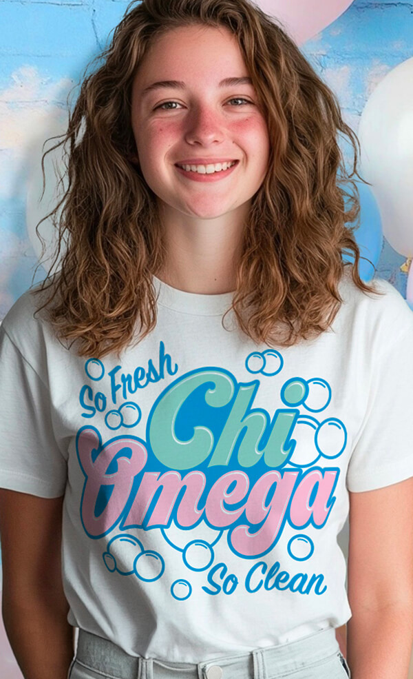 Chi Omega sorority Bid Day shirt with “So Fresh So Clean” bubble and soap suds theme.