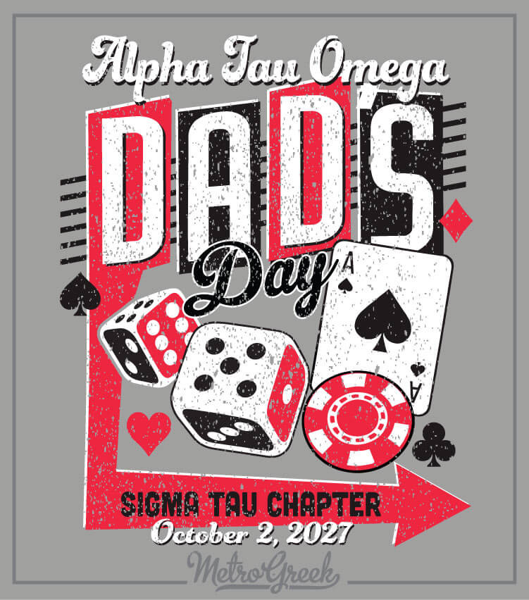 Alpha Tau Omega Dad’s Day shirt design with casino theme featuring dice, poker chips, and an ace of spades playing card.