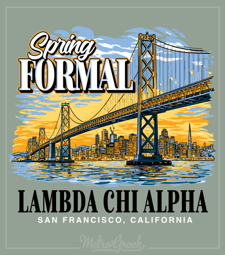 Lambda Chi Alpha formal shirt with San Francisco skyline and Golden Gate Bridge graphic.