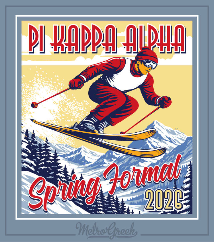 Pi Kappa Alpha fraternity formal shirt design featuring a vintage ski theme with classic alpine graphics representing a fraternity ski formal trip.
