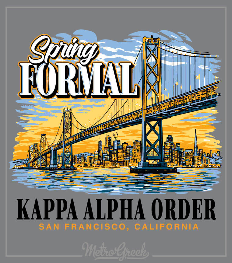 Kappa Alpha fraternity formal shirt featuring the San Francisco skyline and Golden Gate Bridge.