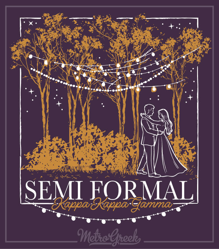 Sorority formal shirt with a couple dancing in the woods