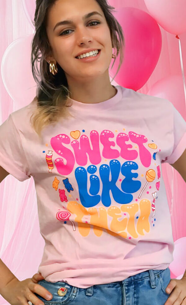 Kappa Alpha Theta Bid Day candyland-themed shirt design with lollipops and colorful candy graphics.