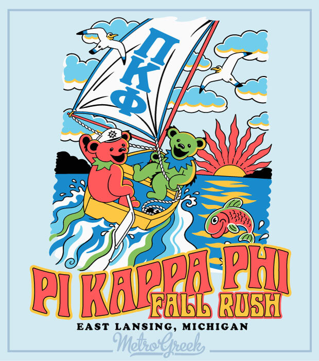 Pi Kappa Phi fraternity rush shirts with two deadhead bears sailing a boat