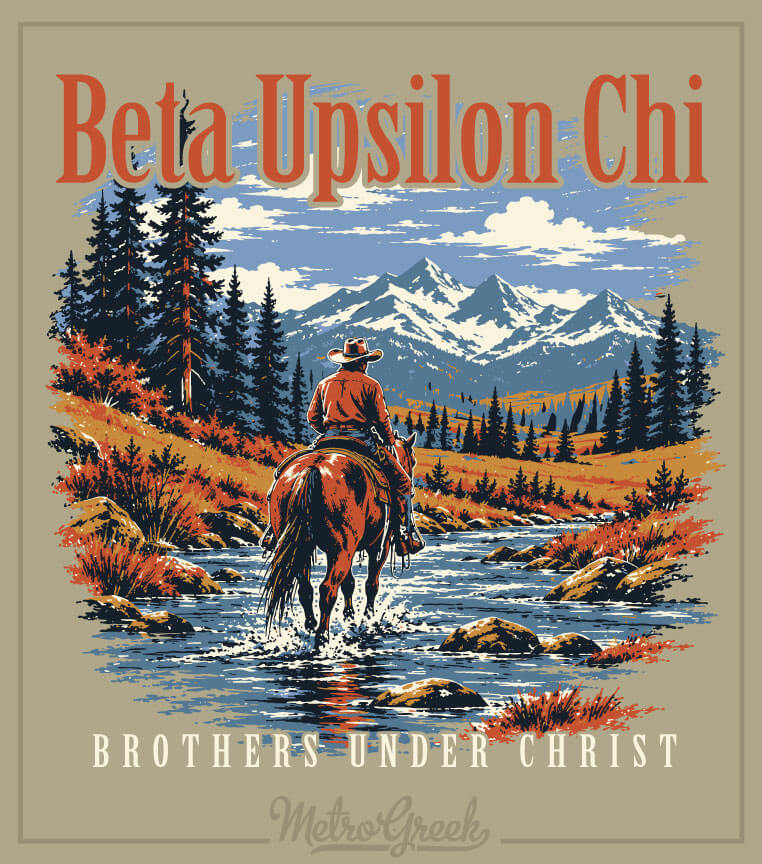 Fraternity shirt cowboy and horse mountains